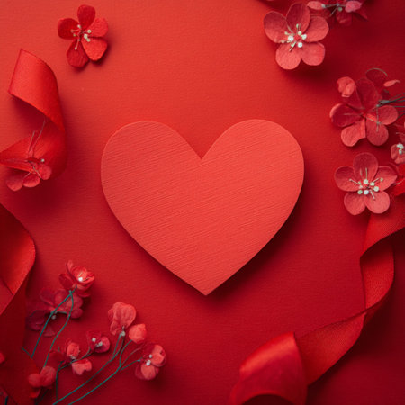 Romantic Valentine's Day background featuring a red paper cut heart decorated with flowers and leaves. Elegant papercraft style ideal for greeting cards, banners, posters, invitations, wedding designs, and love-themed marketing materials.の写真素材