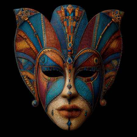 Elegant luxury masquerade mask with intricate ornamentation and vibrant jewel tones. Perfect for upscale events, gala invitations, costume parties, carnival marketing materials and sophisticated visual projects.の写真素材