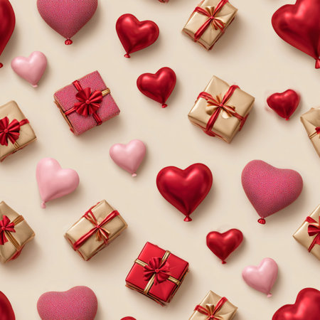 Festive seamless background with hearts, balloons, and gift boxes creating a joyful Valentine's Day...