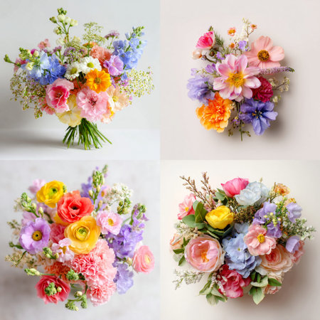 A stunning collection of garden flowers in bright yellow, orange, and pink hues. Ideal for celebratory themes, wedding decorations, or seasonal spring and summer promotionsの写真素材