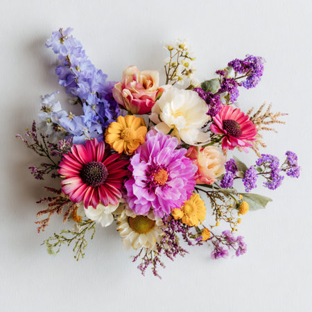 A stunning collection of garden flowers in bright yellow, orange, and pink hues. Ideal for celebratory themes, wedding decorations, or seasonal spring and summer promotionsの写真素材