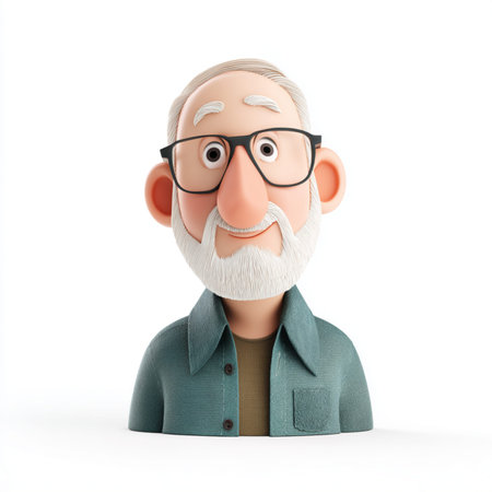 High-quality 3D cartoon-style illustration of a friendly elderly man with white beard, isolated on...