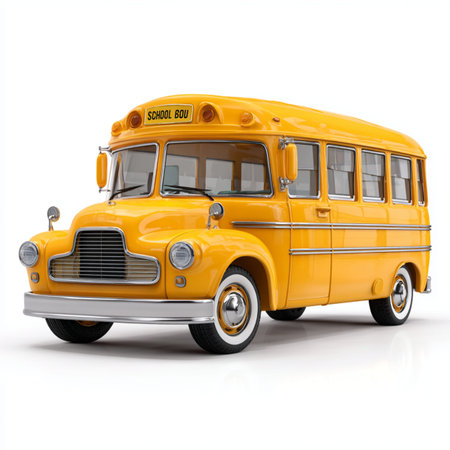 A bright yellow 3D stylized school bus with a SCHOOL BUS sign on top, isolated on white....