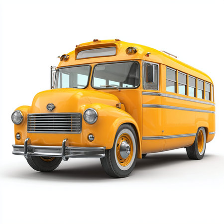 A bright yellow 3D stylized school bus, isolated on white. High-quality render representing student...