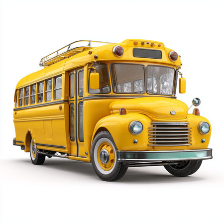 A bright yellow 3D stylized school bus with a SCHOL BUL sign on top, isolated on white. High-quality...