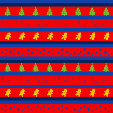 Seamless Christmas stripe pattern with gingerbread cookies, Christmas trees and star decorations....