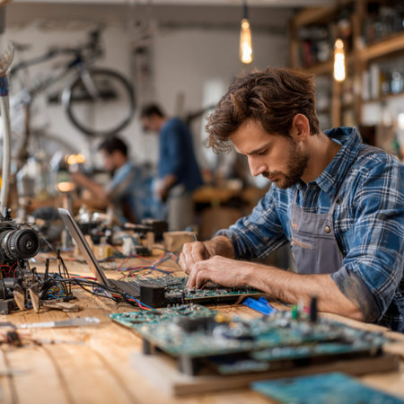 A focused young man in a denim shirt working on a motherboard at a wooden workbench. He is surrounded by various electronic components and tools in a modern, creative workshop or laboratory setting. Concept for engineering education, hardware development, and high-tech maintenance.