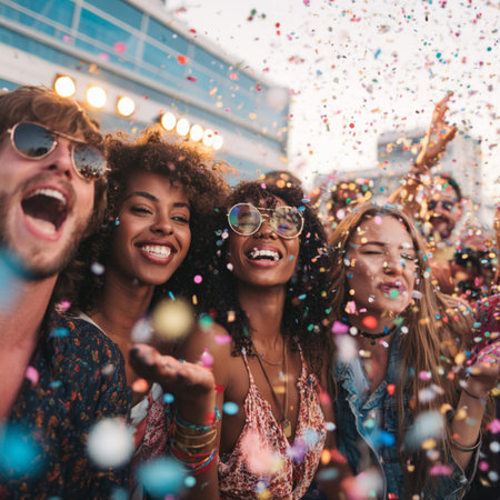 A group of joyful multiracial young friends laughing and throwing colorful confetti during an outdoor summer party or music festival. Vibrant lifestyle image capturing happiness and togetherness