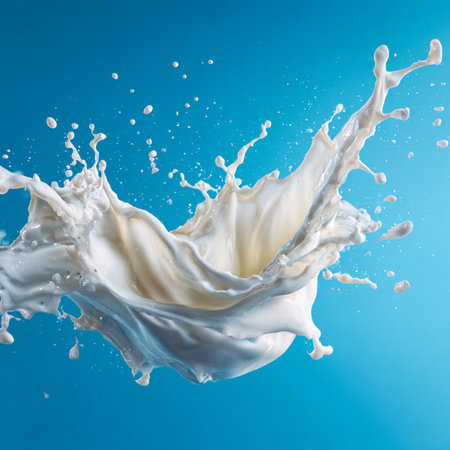 Dynamic milk splash captured in motion, creating an elegant crown-shaped liquid form against a clean blue background. Ideal for dairy advertising, beverage branding, food packaging, healthy nutrition concepts, and product promotion.