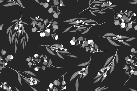 Eucalyptus Vector. Monochrome Seamless Pattern with Vector Leaves, Branches and Floral Element. Elegant Background for Rustic Wedding Design, Fabric, Textile, Dress. Eucalyptus Vector in Vintage Styleのイラスト素材