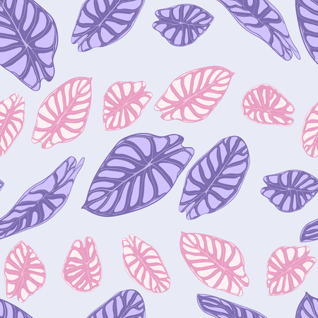 Seamless Jungle Pattern in Purple Color Design. Vector Tropic Leaves in Watercolor Style. Background with Stylized Plants Alocasia. Exotic Foliage. Seamless Tropical Pattern for Cloth Design, Fabric.のイラスト素材