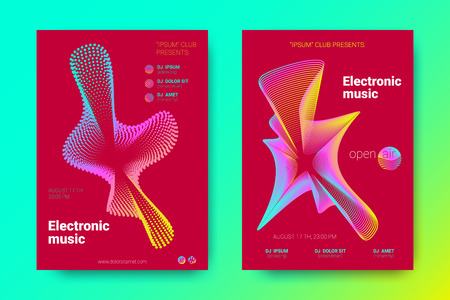 Flyer of Electronic Music Night Party. Abstract Vector Background. Colorful Wave Lines and Equalizer. Minimal Music Fest Flyer Design. Distortion of Rounds. Trendy Bright Flyers of House Music Event.のイラスト素材