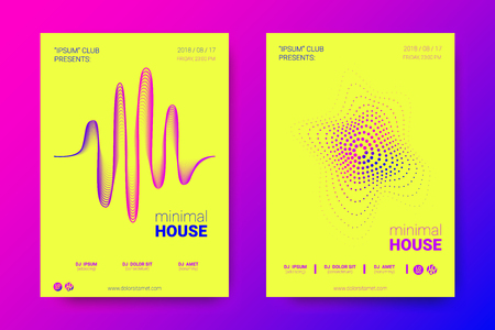 Music Abstract Colorful Poster. Bright Sound Flyer with Distortion of Circles. Trendy Abstract Covers of Electronic Music Event. Modern Vibrant Gradient and Wave Lines. Abstract Vector Illustration.のイラスト素材