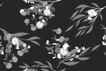 Eucalyptus Vector. Monochrome Seamless Pattern with Vector Leaves, Branches and Floral Element. Elegant Background for Rustic Wedding Design, Fabric, Textile, Dress. Eucalyptus Vector in Vintage Styleのイラスト素材