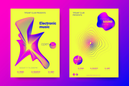 Music Abstract Colorful Poster. Bright Sound Flyer with Distortion of Circles. Trendy Abstract Covers of Electronic Music Event. Modern Vibrant Gradient and Wave Lines. Abstract Vector Illustration.のイラスト素材