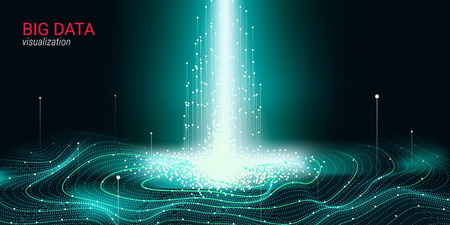 Abstract Big Data Visualization. Wave Glow Circle with Motion of Dots. 3d Futuristic Background for Science Slide or Visual Information. Cosmic Light. Technology Concept of Big Data Visualization.のイラスト素材