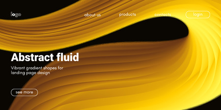 Futuristic Banner with Gold Liquid Shape. Creative Landing Page Template. Flow Abstract Background for Web Site Design. Vibrant Gradient Poster with Movement. 3d Banner with Futuristic Yellow Waves.のイラスト素材