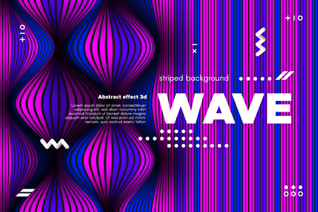 3d Abstract Linear Banner. Striped Ripple Background with Distortion and Movement Effect. Wave Template in Blue and Pink Colors. Flowing Shape Concept. Trendy 3d Poster for Your Creative Design.のイラスト素材
