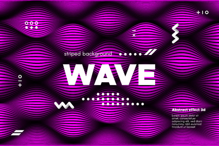3d Poster with Wave Stripes. Flow Background with Distortion and Movement of Surface. Abstract Linear Banner with Ripple. Modern Striped Template in Magenta Colors for Business, Web Design, Flyer.のイラスト素材
