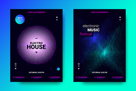 Abstract Sound Poster with Wave Amplitude and Distorted Rounds. Music Flyer Wave Concept. Vector Sound Equalizer Design for Banner. Abstract Covers for Dance Event. Dj Festival of Electronic Sound.のイラスト素材