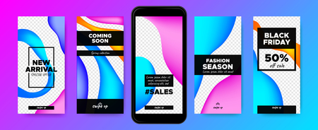 Flyers for Stories Design. Templates for Social Media Marketing. Colorful Gradient Fluid Shapes with Swipe Buttons. Concept of Sales Flyer. Product Promotion on Phone. Web Story Pack, Network Flyers.のイラスト素材