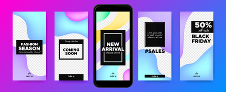 Social Media Frames Templates. Story Design for Photo or Product Presentation. Promotion of Discount in Social Network. Abstract Colorful Fluid Shape. Swipe Up Button, Sales Day, Social Media Concept.のイラスト素材