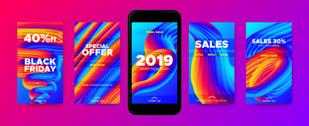 Abstract Fluid Shapes for Stories. Colorful Wave Flyer with 3d and Movement Effect. Abstract Poster with 2019 New Year Sales Promotion. Mobile Phone Screen Wallpaper Collection. Vector Abstract Cover.のイラスト素材