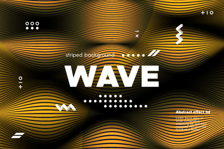 Gold Abstract Banner with Ripple Effect. Linear Background with Movement. 3d Striped Poster with Distortion of Surface. Vector Wave Template for Brochure, Business, Banner. Flow Metallic Lines Conceptのイラスト素材