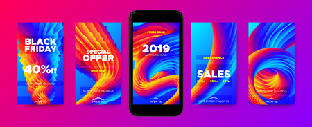 Abstract Fluid Shapes for Stories. Colorful Wave Flyer with 3d and Movement Effect. Abstract Poster with 2019 New Year Sales Promotion. Mobile Phone Screen Wallpaper Collection. Vector Abstract Cover.のイラスト素材