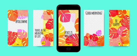 Tropic Template for Social Media Stories. Philodendron Leaf and Photo Frame. Tropical Screen Wallpaper for Smart Phone, Mobile. Social Network Story Design with Swipe Up. Tropic Cover, Floral Pattern.のイラスト素材