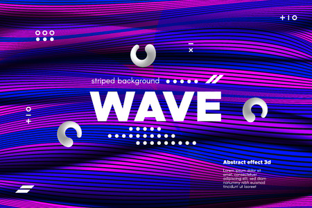 3d Abstract Linear Banner. Striped Ripple Background with Distortion and Movement Effect. Wave Template in Blue and Pink Colors. Flowing Shape Concept. Trendy 3d Poster for Your Creative Design.のイラスト素材