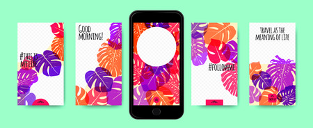 Social Networks Photo Frames Templates Set. Tropic Philodendron Leaves. Screen Wallpaper Flat Collection. Summer Frames for Photo Presentation. Phone Display Design, Photo Presentation in Stories.のイラスト素材
