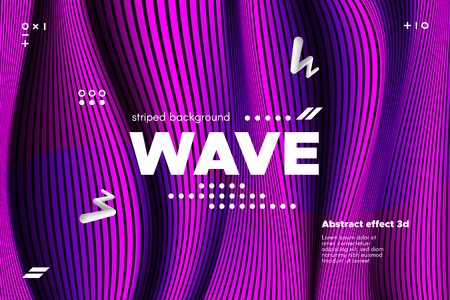 3d Poster with Wave Stripes. Flow Background with Distortion and Movement of Surface. Abstract Linear Banner with Ripple. Modern Striped Template in Magenta Colors for Business, Web Design, Flyer.のイラスト素材