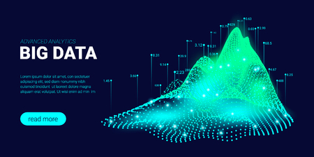 Big Data Visualization. Energy Stream Concept. Landing Page Futuristic Template with Big Data Analysis. Abstract Technology Background with Glow and Movement Effect. Process of Big Data Sorting.のイラスト素材