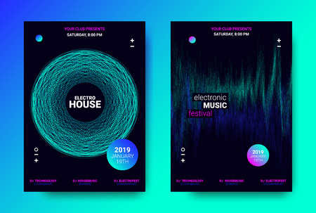 Abstract Sound Poster with Wave Amplitude and Distorted Rounds. Music Flyer Wave Concept. Vector Sound Equalizer Design for Banner. Abstract Covers for Dance Event. Dj Festival of Electronic Sound.のイラスト素材
