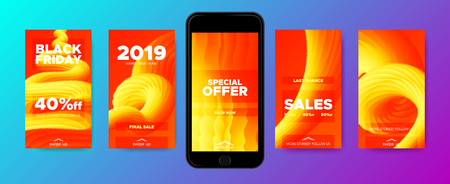 Glow Mobile Wallpapers. Stories Templates Pack with 2019 Sales. Movement of 3d Liquid Shapes. Mobile Screen Design or Trendy Wallpaper for Your Smart Phone. Wave Banner Concept for Social Media.のイラスト素材