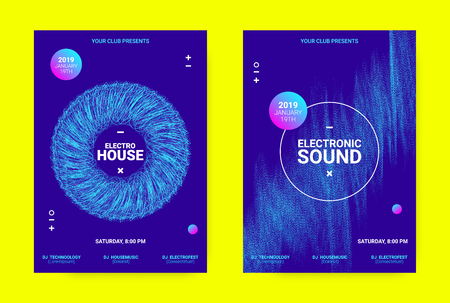 Techno Music Banner. Sound Flyer Concept. Equalizer Vector Design with Amplitude of Distorted Lines. Wave Banner in Blue Color for Electronic Dance Event. Dj Party Promotion Minimal Banner.のイラスト素材