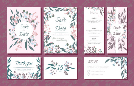 Wedding Card Templates Set with Eucalyptus Branch. Decorative Frames with Leaves, Floral and Herbs Garland. Menu, Rsvp, Label, Invitation with Nature Wreath. Vector Hand Drawn Wedding Cards Isolated.のイラスト素材