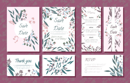 Wedding Card Templates Set with Eucalyptus Branch. Decorative Frames with Leaves, Floral and Herbs Garland. Menu, Rsvp, Label, Invitation with Nature Wreath. Vector Hand Drawn Wedding Cards Isolated.のイラスト素材