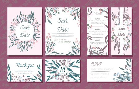 Wedding Card Templates Set with Eucalyptus Branch. Decorative Frames with Leaves, Floral and Herbs Garland. Menu, Rsvp, Label, Invitation with Nature Wreath. Vector Hand Drawn Wedding Cards Isolated.のイラスト素材