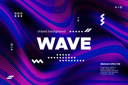 3d Abstract Linear Banner. Striped Ripple Background with Distortion and Movement Effect. Wave Template in Blue and Pink Colors. Flowing Shape Concept. Trendy 3d Poster for Your Creative Design.のイラスト素材