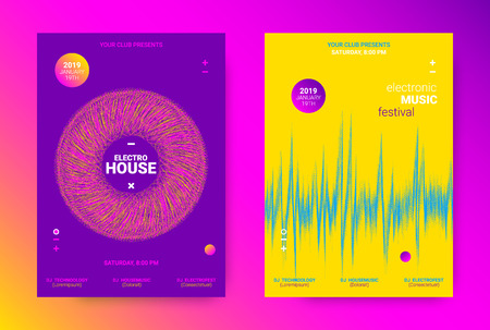 Music Event Promotion. Electronic Sound Poster Concept. Flyer for Techno Music Festival. Dance Event Banner with Wave Dotted Lines. Distortion and Movement Effect. Futuristic Equalizer for Night Eventのイラスト素材
