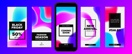 Stories Templates for Social Media. Photo Frame with Colorful Fluid Shapes. Abstract Covers Set for Fashion Photo Presentation on Stories. Sale Advertising Concept. Phone Screen Design for Web Story.のイラスト素材