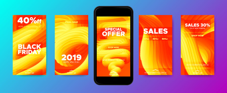 Colorful Abstract Background. Stories Templates with Fluid Shape. Wave Liquid in Movement, 3d Effect. Abstract Posters, Phone Screen Wallpaper. Sales Advertising Concept. Flow Trendy 2019 Background.のイラスト素材