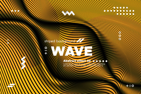 Gold Abstract Banner with Ripple Effect. Linear Background with Movement. 3d Striped Poster with Distortion of Surface. Vector Wave Template for Brochure, Business, Banner. Flow Metallic Lines Conceptのイラスト素材