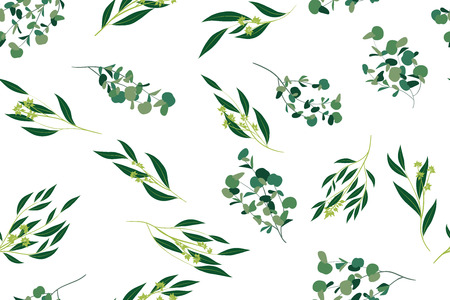 Hand Drawn Eucalyptus Seamless Pattern. Vintage Background with Beautiful Vector Eucalyptus Palm Fern, Green Leaves, Tropical Foliage. Eucalyptus Seamless Pattern for Wedding Design, Textile, Print.のイラスト素材