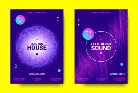 Electronic Music Poster. Sound Equalizer Vector Design. Amplitude of Wave Lines. Futuristic Flyer for Electronic Music Event with Glow Effect. Sound Movement Concept. Electronic Festival Promotion.のイラスト素材