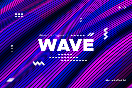 3d Abstract Linear Banner. Striped Ripple Background with Distortion and Movement Effect. Wave Template in Blue and Pink Colors. Flowing Shape Concept. Trendy 3d Poster for Your Creative Design.のイラスト素材
