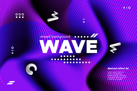 Movement of Waves Concept. 3d Striped Poster with Ripple Effect. Purple Abstract Linear Background. Vector Template for Brochure. Flowing Metallic Lines Banner with Distortion and Movement of Surface.のイラスト素材