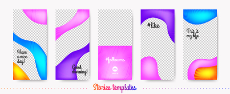 Stories Template Trendy Kit. Fashion Frames for Mobile Phone. Social Media Stories Creative Design. Abstract Color Liquid Shapes for Photo or Product Presentation. Wave Flyer for Web Stories Concept.のイラスト素材